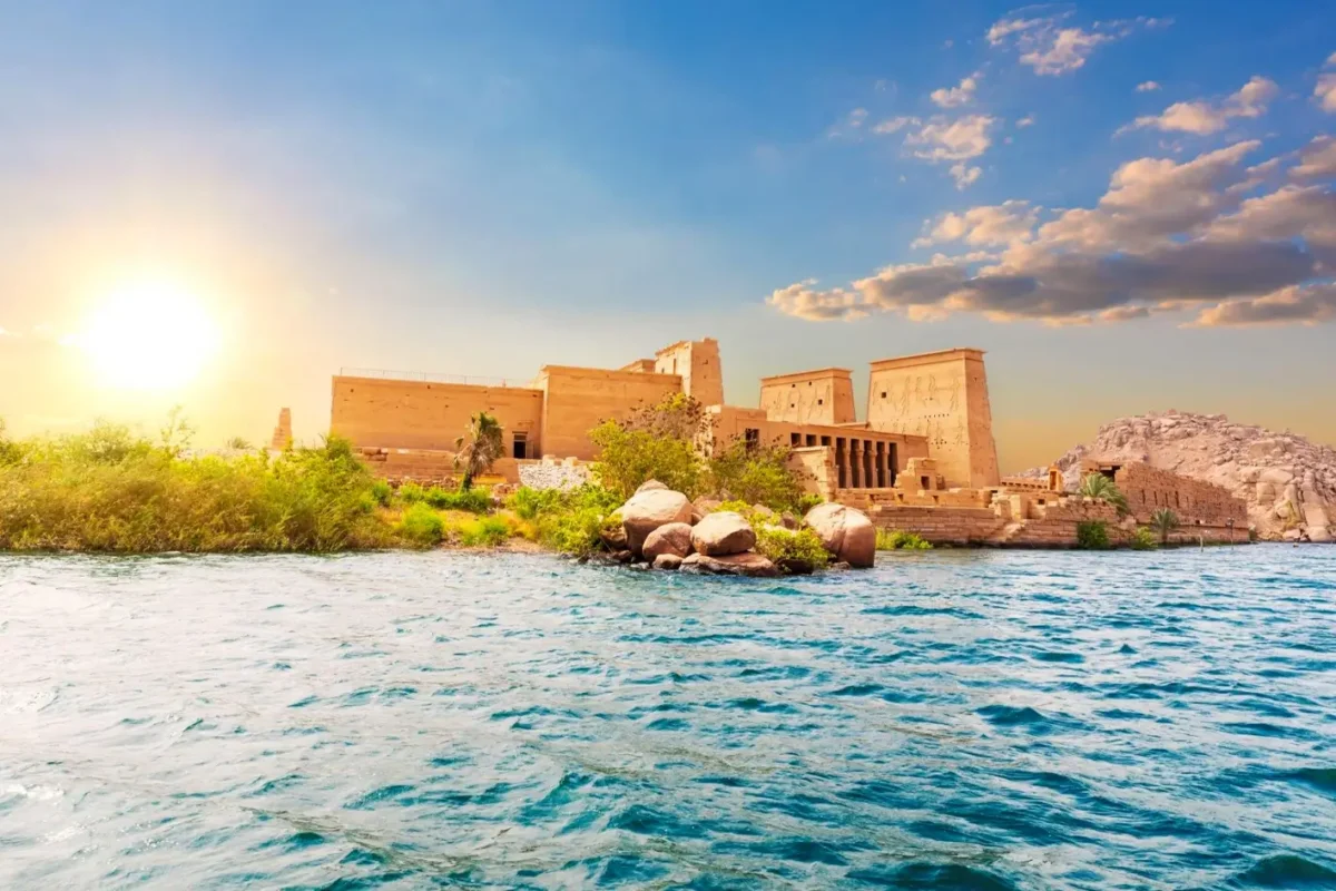 The Temple of Philae on Agilkia island seen from the water in full daylight