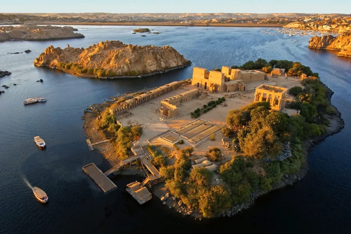 Agilkia island at Aswan, the Temple of Philae standing among the rocks and greenery