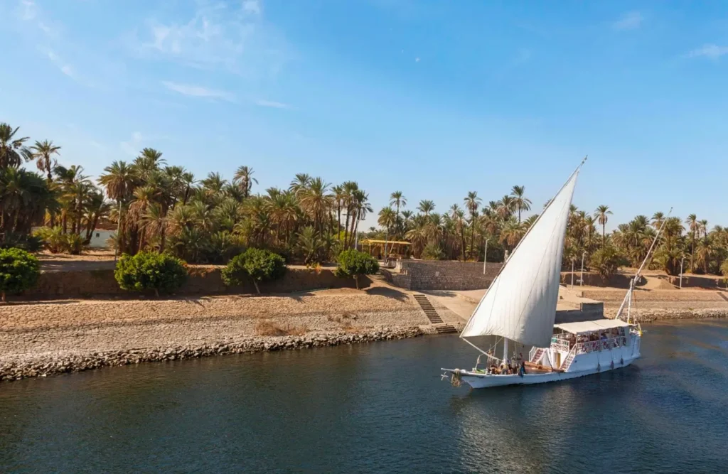 A felucca crossing the Nile at Aswan on a bright afternoon, palms along the far bank