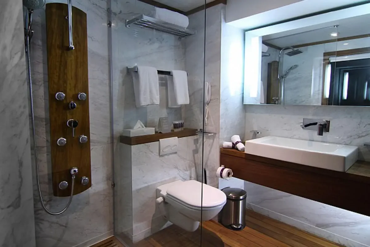 A marble cabin bathroom on the MS Le Fayan Nile cruise with a walk-in shower panel, a stone basin and a wide mirror