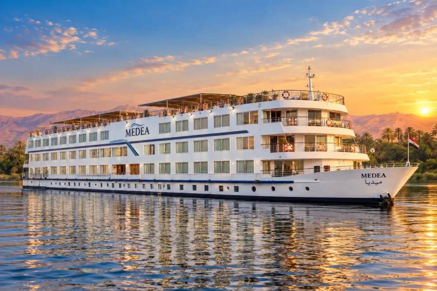 The MS Medea Nile cruise ship on the Nile at sunset, its name lettered on the hull and hills glowing behind