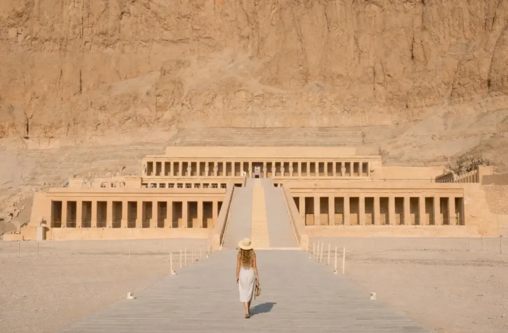 The terraced colonnades of the Temple of Hatshepsut at Luxor seen head on, a visitor walking the causeway towards the ramp
