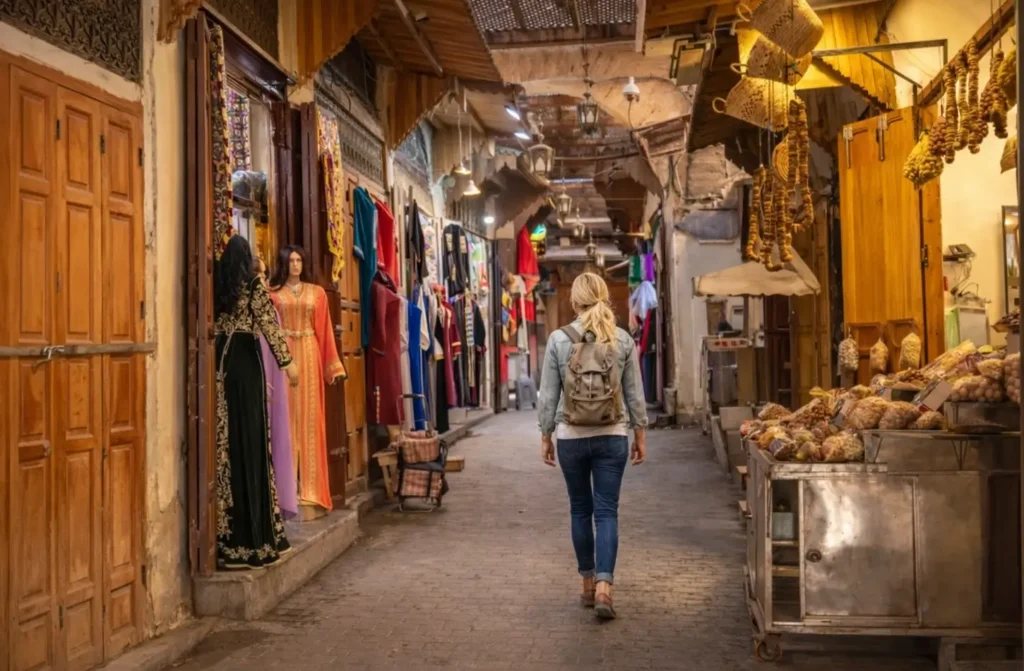 A visitor walking a covered lane in Khan el-Khalili past shopfronts hung with dresses and lanterns