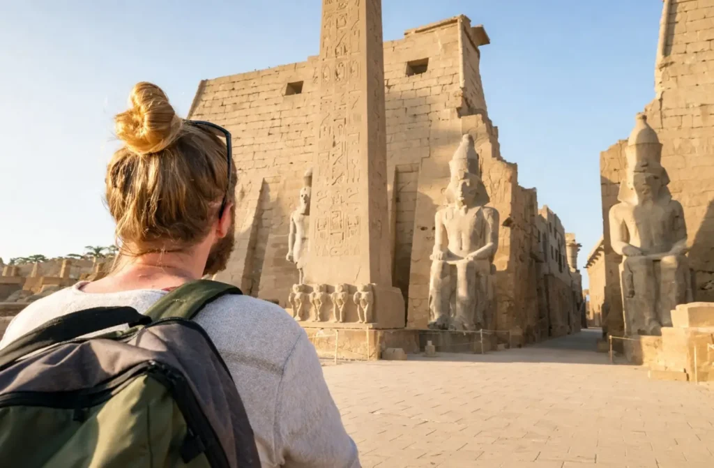 A visitor with a backpack looking up at the seated colossi of Ramses II at the entrance to Luxor Temple