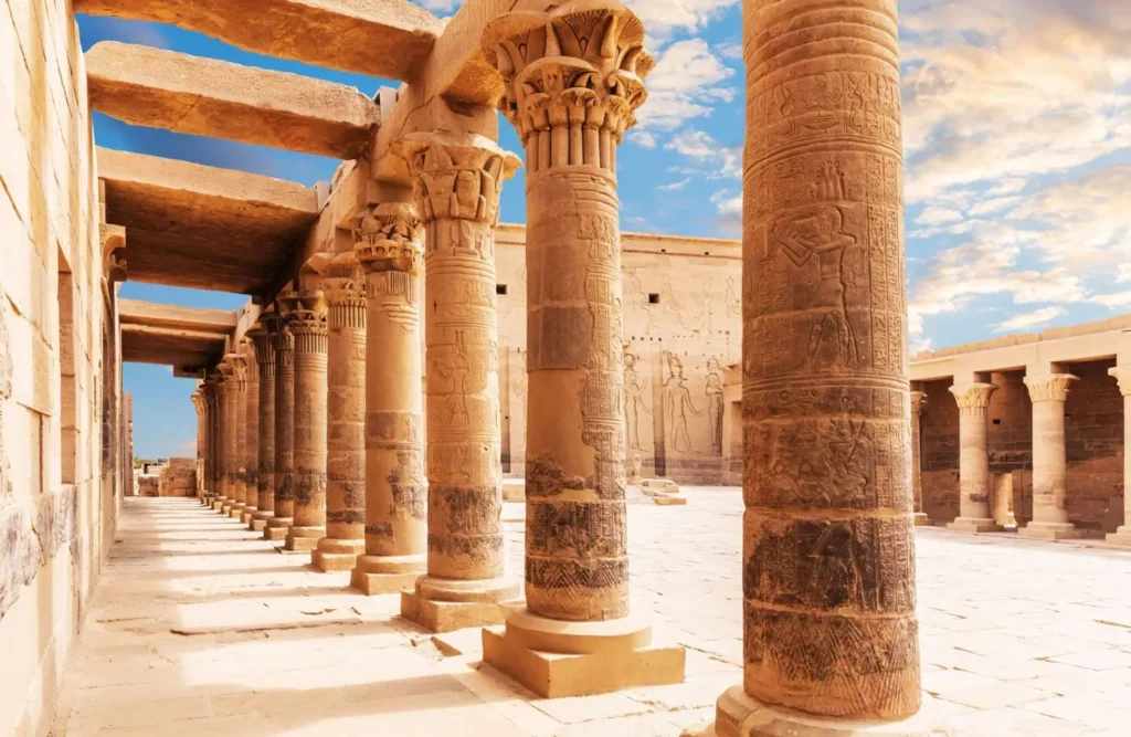 The columned colonnade of the Temple of Philae, carved capitals running away down the court